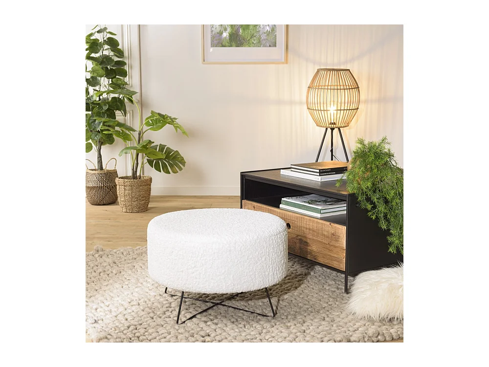 AGATHE - Pouf rond tissu bouclette blanc pieds croisés métal noir