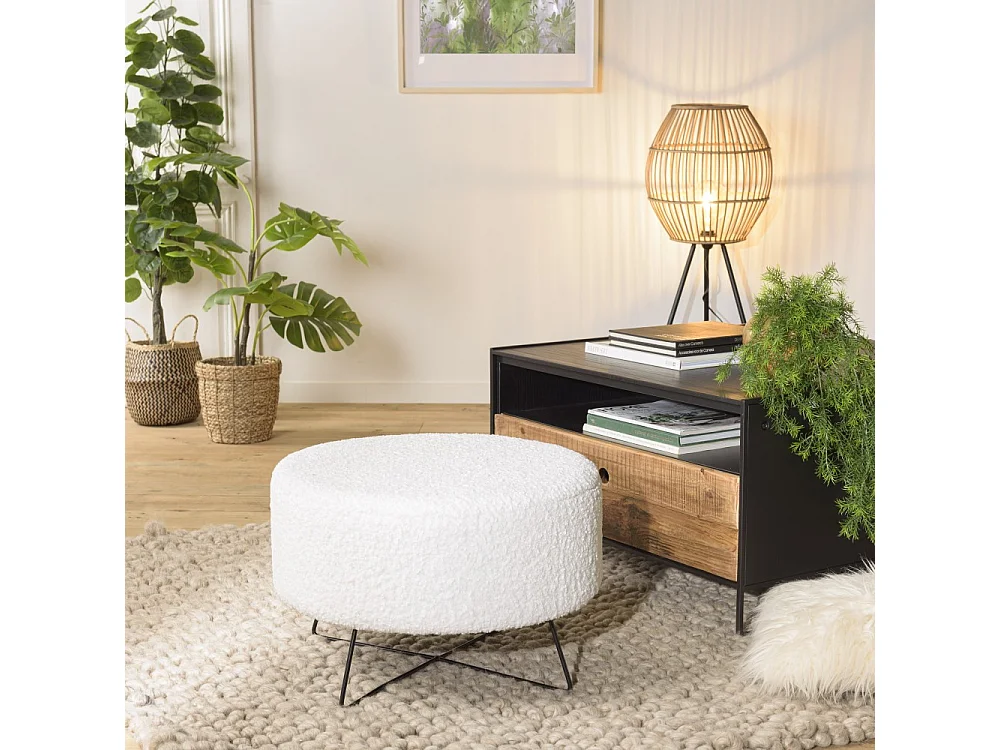 AGATHE - Pouf rond tissu bouclette blanc pieds croisés métal noir