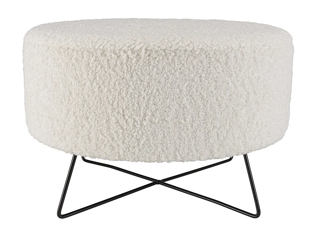 AGATHE - Pouf rond tissu bouclette blanc pieds croisés métal noir