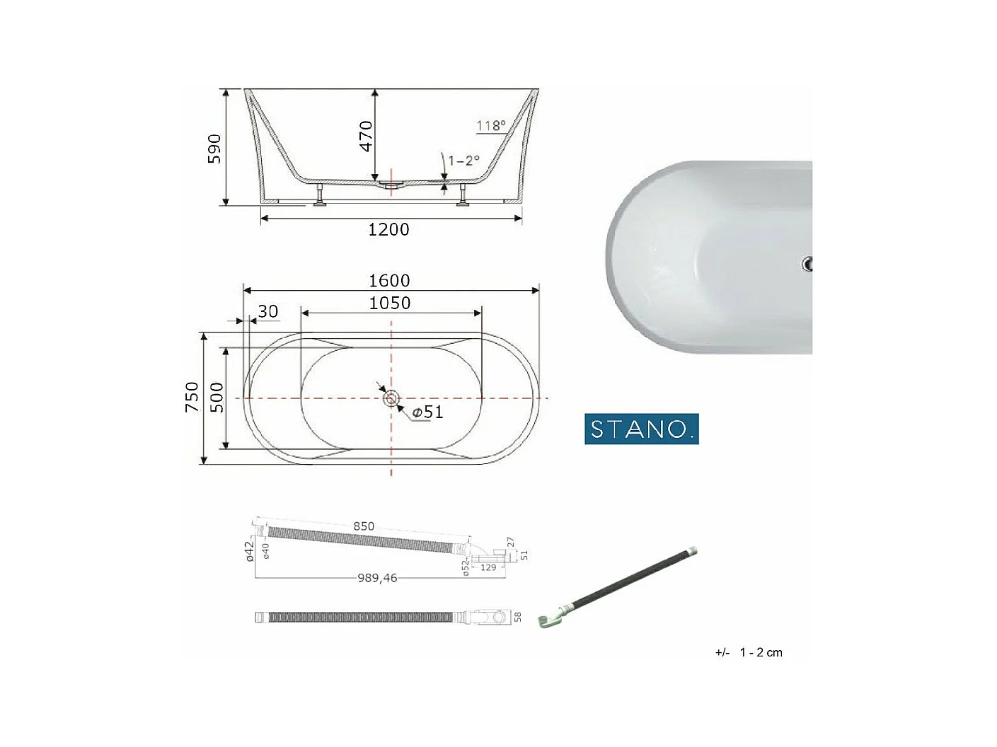 Freistehende Badewanne AUSTIN 160 cm