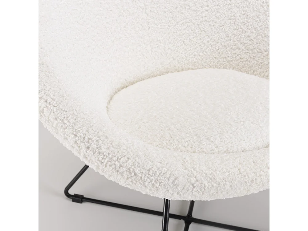 AGATHE - Fauteuil tissu bouclette blanc pieds croisés métal noir