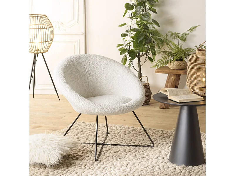 AGATHE - Fauteuil tissu bouclette blanc pieds croisés métal noir