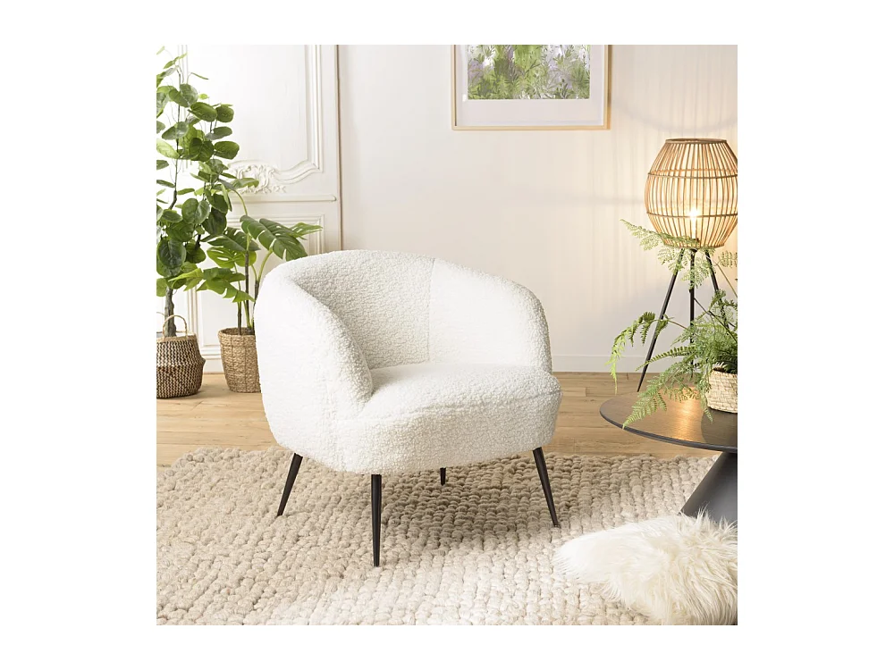AGATHE - Fauteuil cosy tissu bouclette blanc pieds métal noir