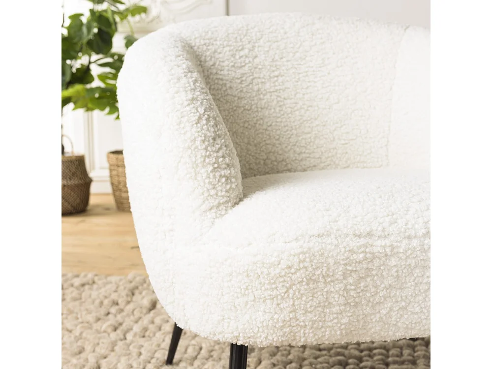 AGATHE - Fauteuil cosy tissu bouclette blanc pieds métal noir
