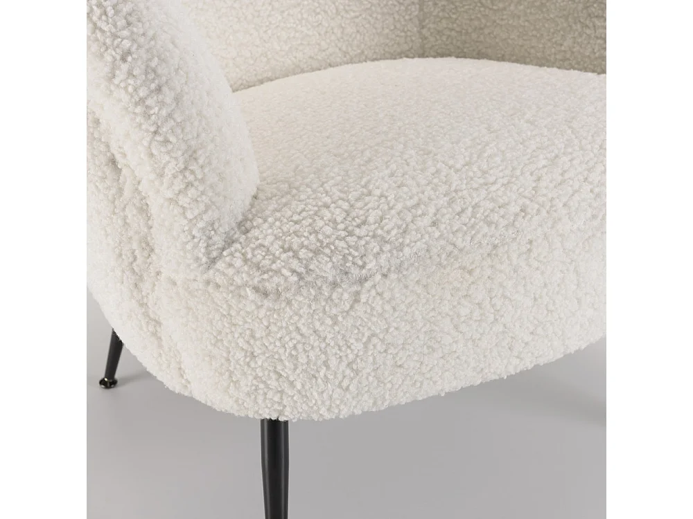 AGATHE - Fauteuil cosy tissu bouclette blanc pieds métal noir