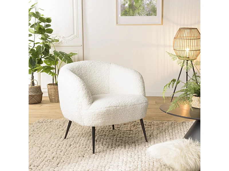 AGATHE - Fauteuil cosy tissu bouclette blanc pieds métal noir