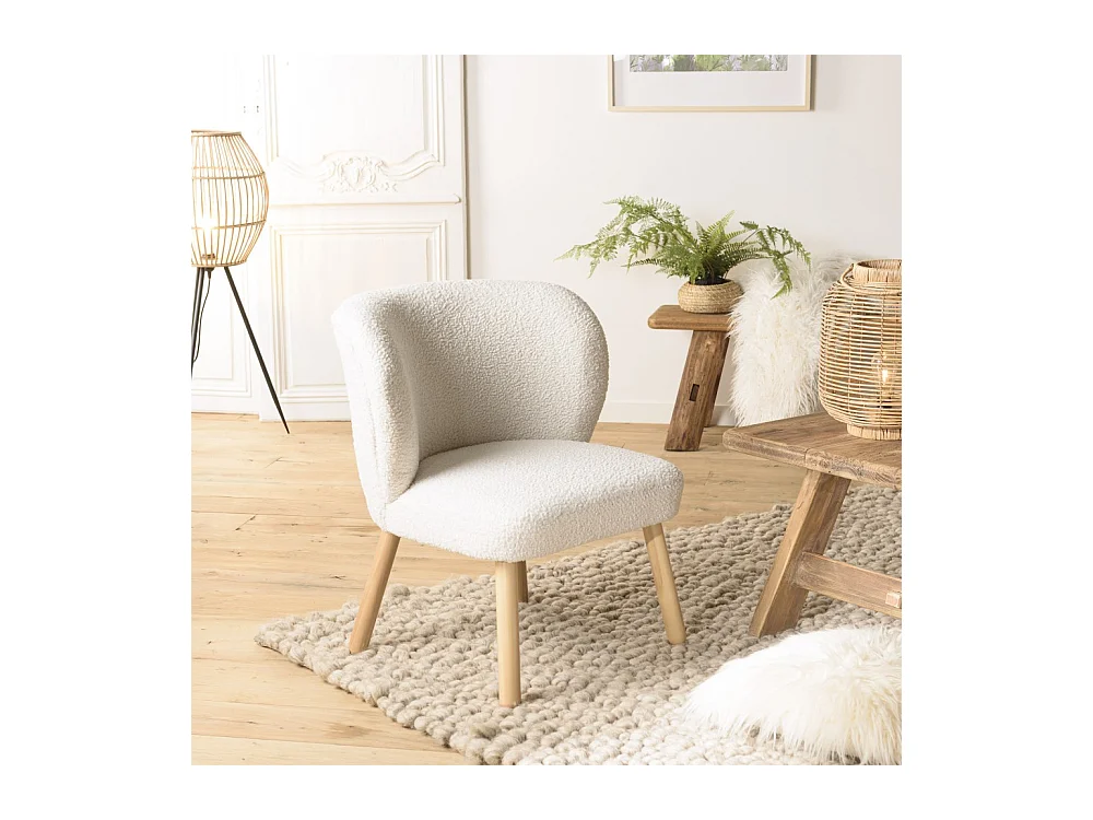 AGATHE - Fauteuil en tissu bouclette blanc pieds en bois