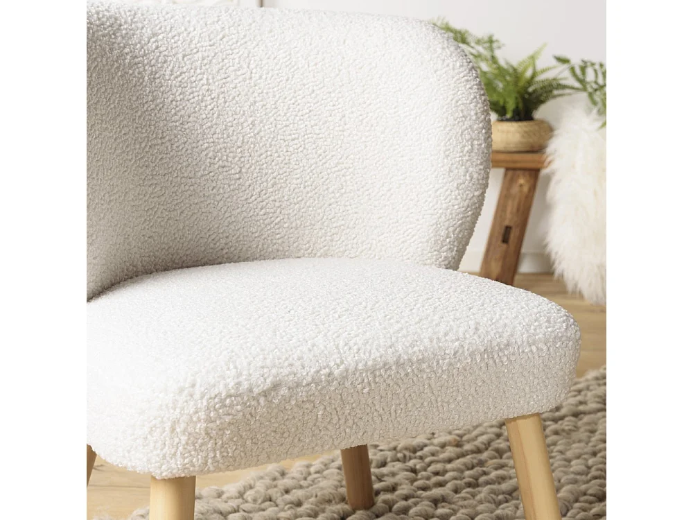 AGATHE - Fauteuil pieds en bois et en tissu bouclette blanc