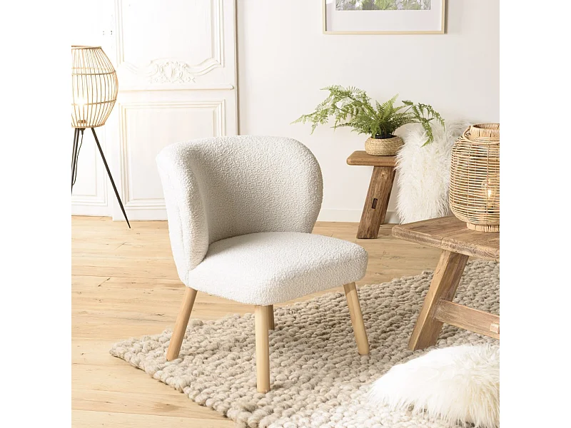 AGATHE - Fauteuil pieds en bois et en tissu bouclette blanc