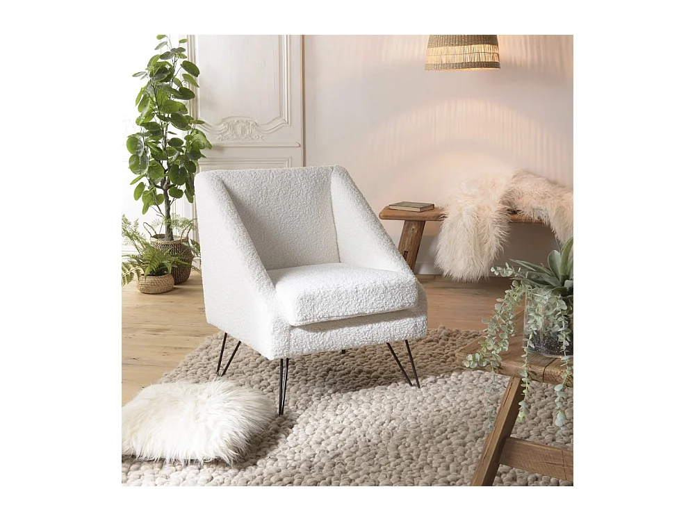 AGATHE - Fauteuil tissu bouclette blanc pieds épingles métal noir