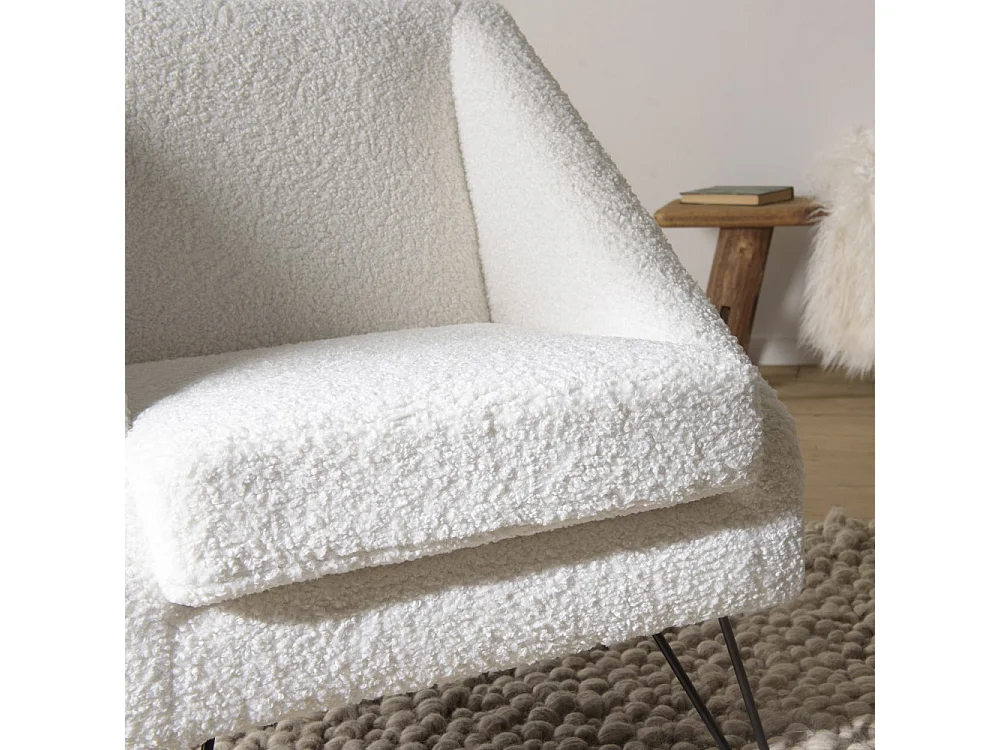 AGATHE - Fauteuil tissu bouclette blanc pieds épingles métal noir