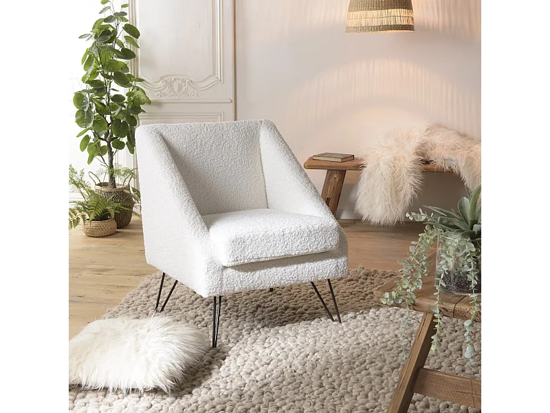 AGATHE - Fauteuil tissu bouclette blanc pieds épingles métal noir