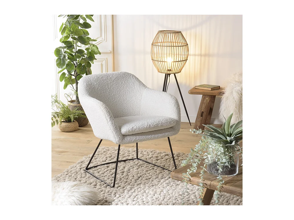 AGATHE - Fauteuil urban tissu bouclette blanc pieds évasés métal noir