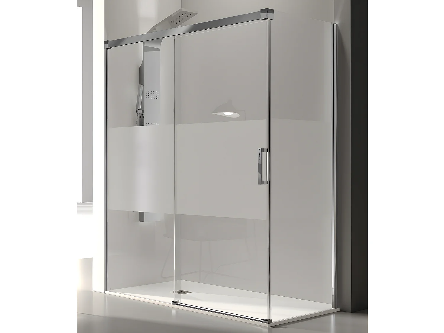 Frontal de ducha + Puerta Corredera 165 cm GLASÉ perfil Cromado con Cristal serigrafiado Pared lateral: 76 - 79 cm