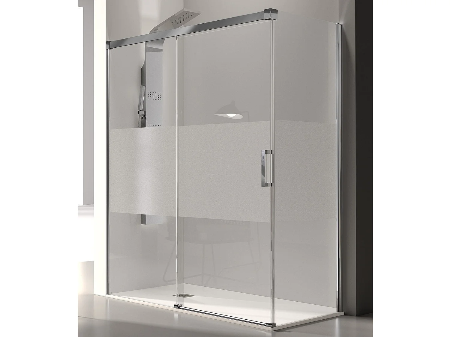 Frontal de ducha + Puerta Corredera 130 cm GLASÉ perfil Cromado con Cristal serigrafiado Pared lateral: 76 - 79 cm