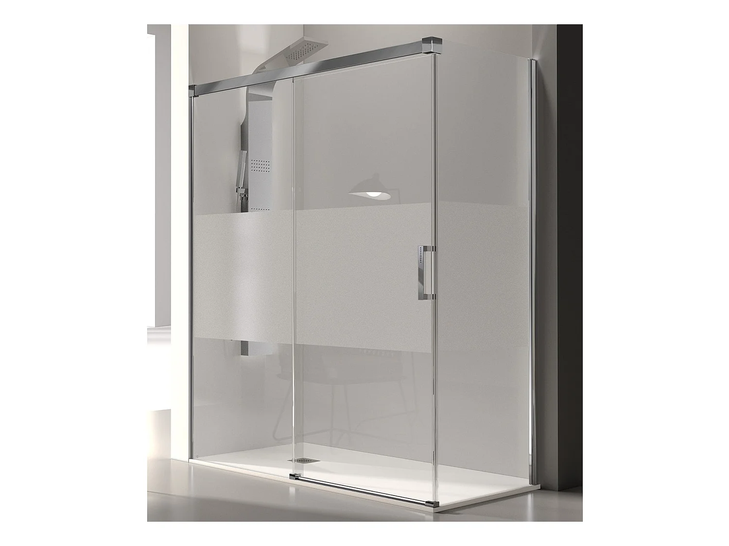 Frontal de ducha + Puerta Corredera 140 cm GLASÉ perfil Cromado con Cristal serigrafiado Pared lateral: 66 - 69 cm