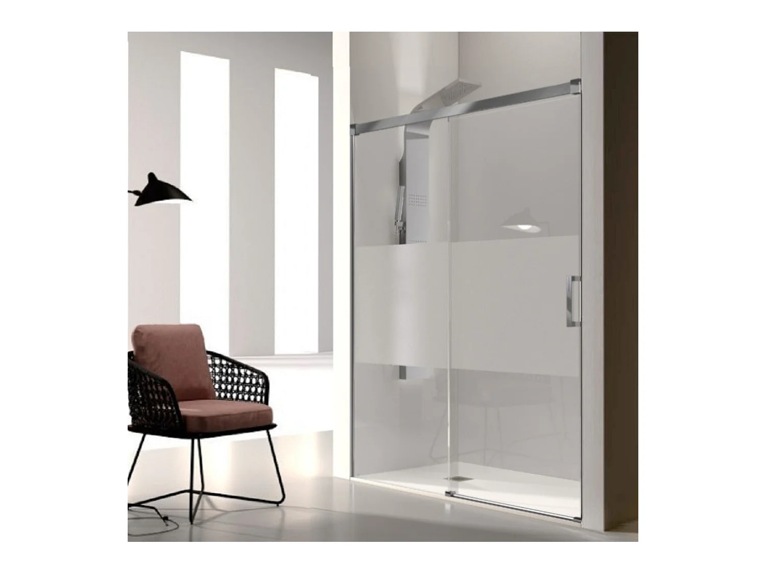Frontal de ducha + Puerta Corredera 180 cm GLASÉ perfil Cromado con Cristal serigrafiado Pared lateral: 66 - 69 cm