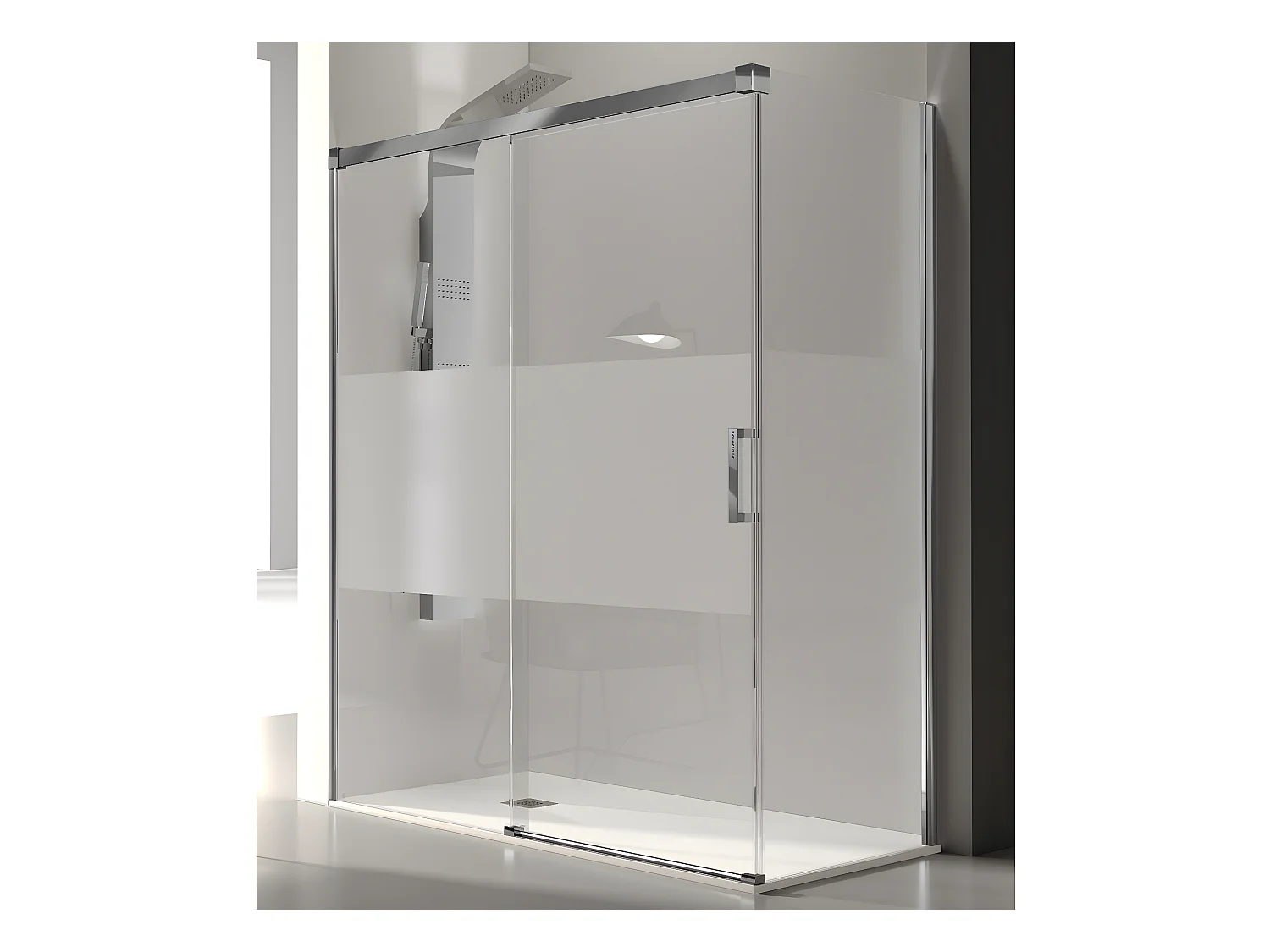 Frontal de ducha + Puerta Corredera 150 cm GLASÉ perfil Cromado con Cristal serigrafiado Pared lateral: 66 - 69 cm