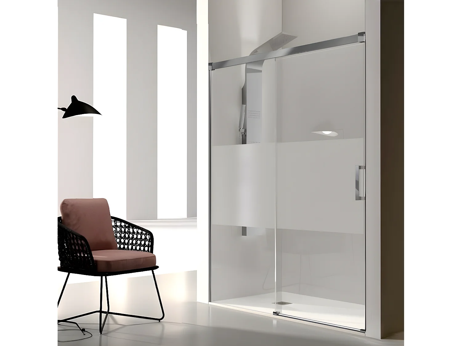 Frontal de ducha + Puerta Corredera 120 cm GLASÉ perfil Cromado con Cristal serigrafiado Pared lateral: 66 - 69 cm