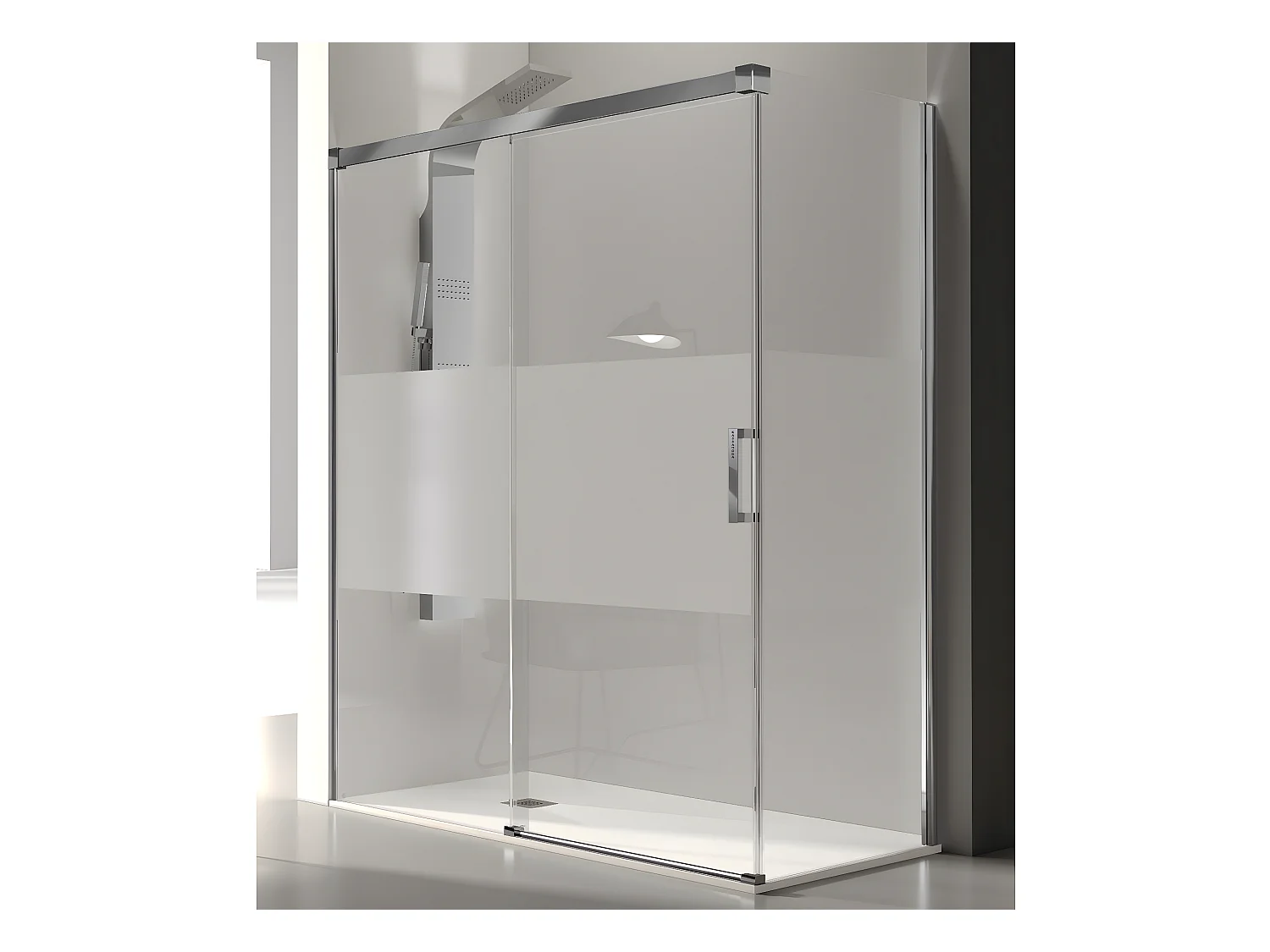 Frontal de ducha + Puerta Corredera 150 cm GLASÉ perfil Cromado con Cristal serigrafiado Pared lateral: 76 - 79 cm