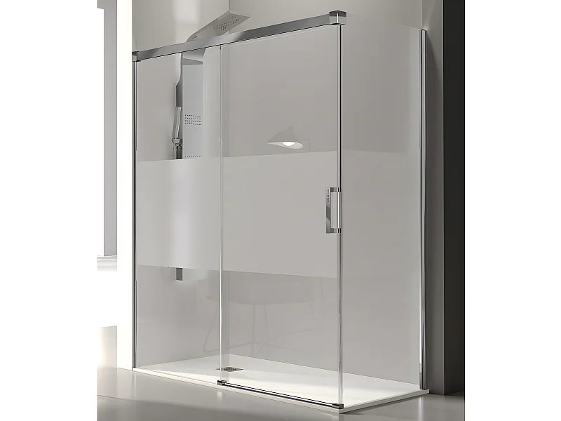 Frontal de ducha + Puerta Corredera 155 cm GLASÉ perfil Cromado con Cristal serigrafiado Pared lateral: 66 - 69 cm