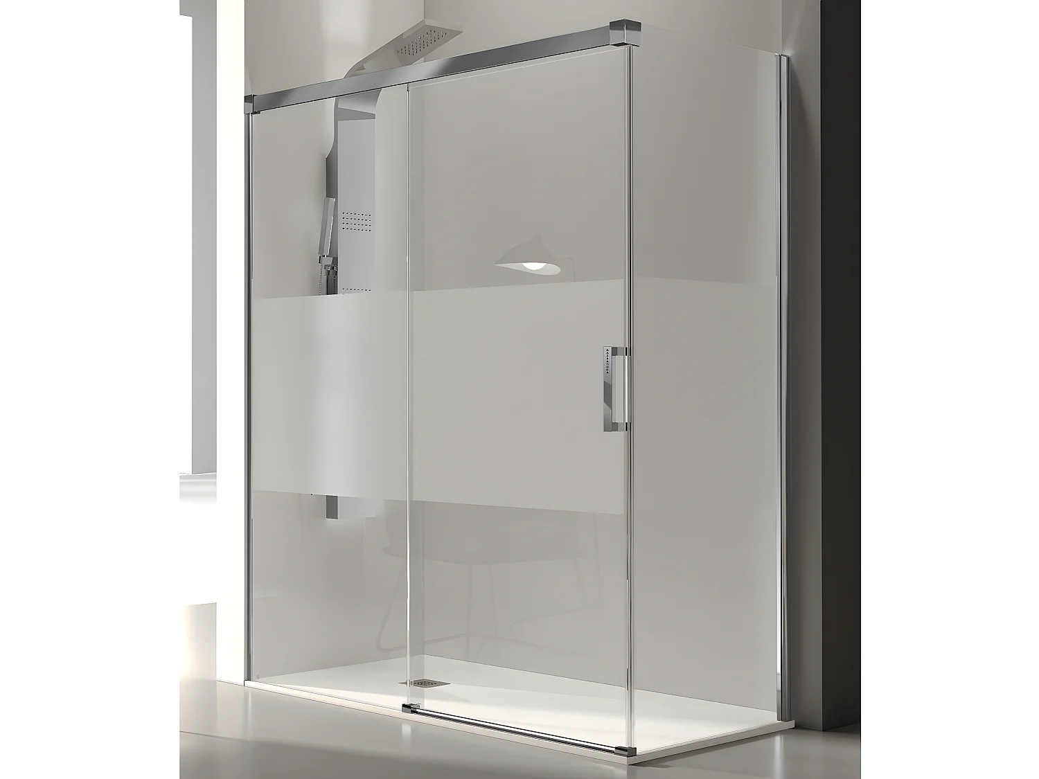 Frontal de ducha + Puerta Corredera 145 cm GLASÉ perfil Cromado con Cristal serigrafiado Pared lateral: 66 - 69 cm