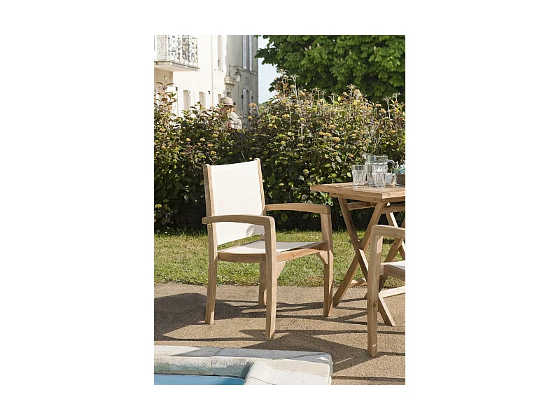 FUN - Ensemble de 2 fauteuils de jardin en bois teck - dossier et assise couleur en textilène ivoire