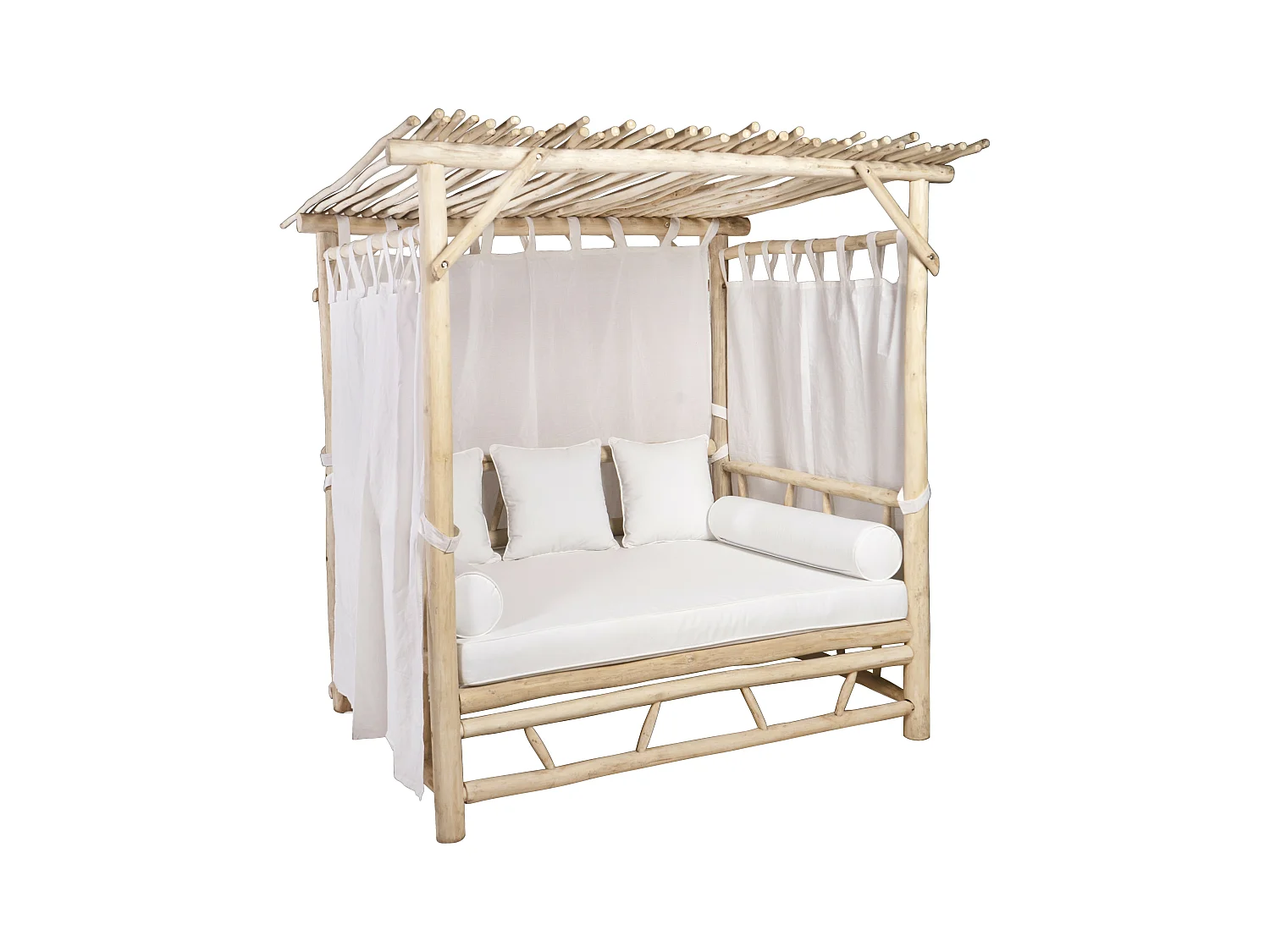 Cama de jardín con baldaquín de teca - Natural claro y blanco TULUM
