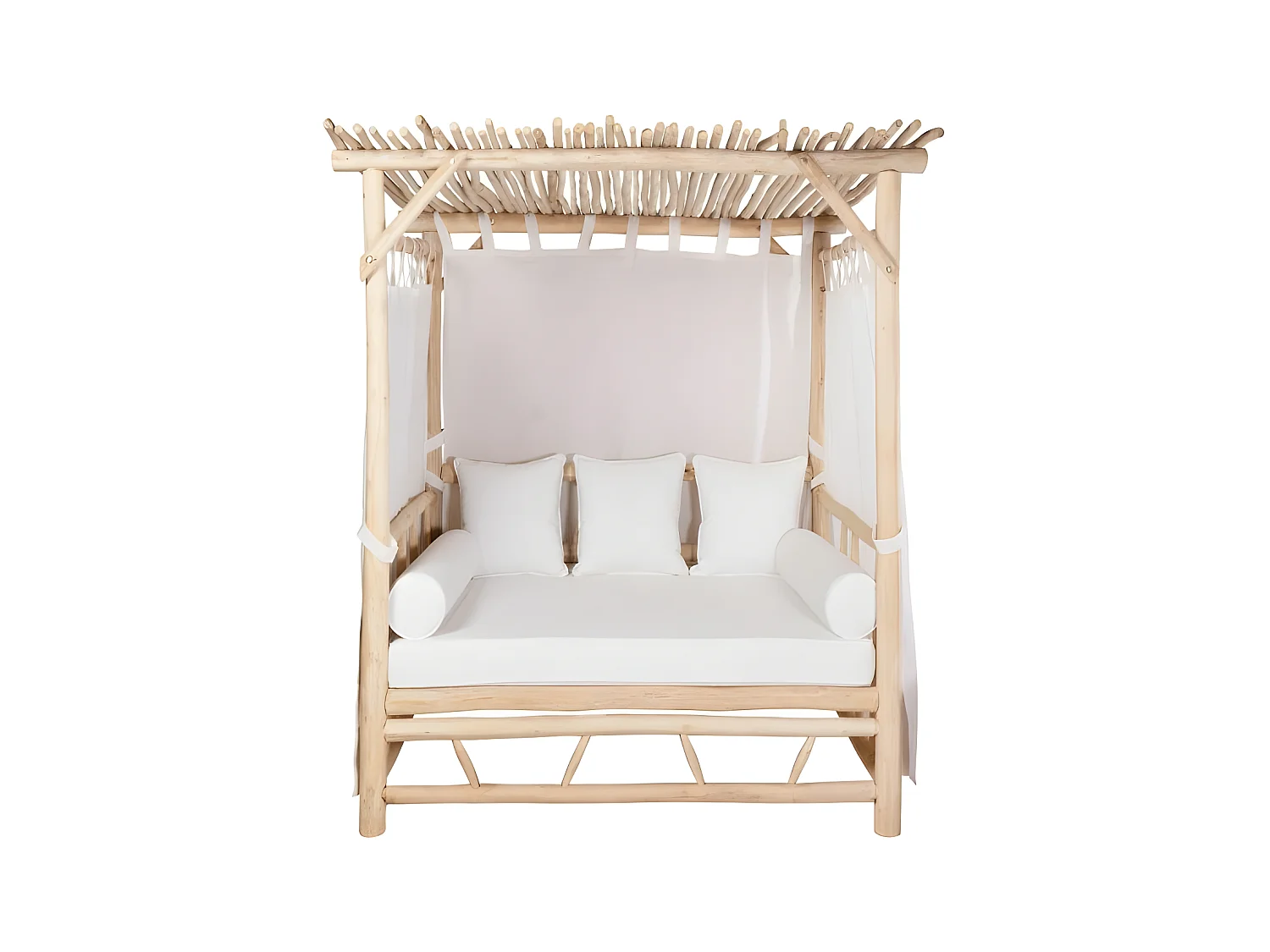 Cama de jardín con baldaquín de teca - Natural claro y blanco TULUM