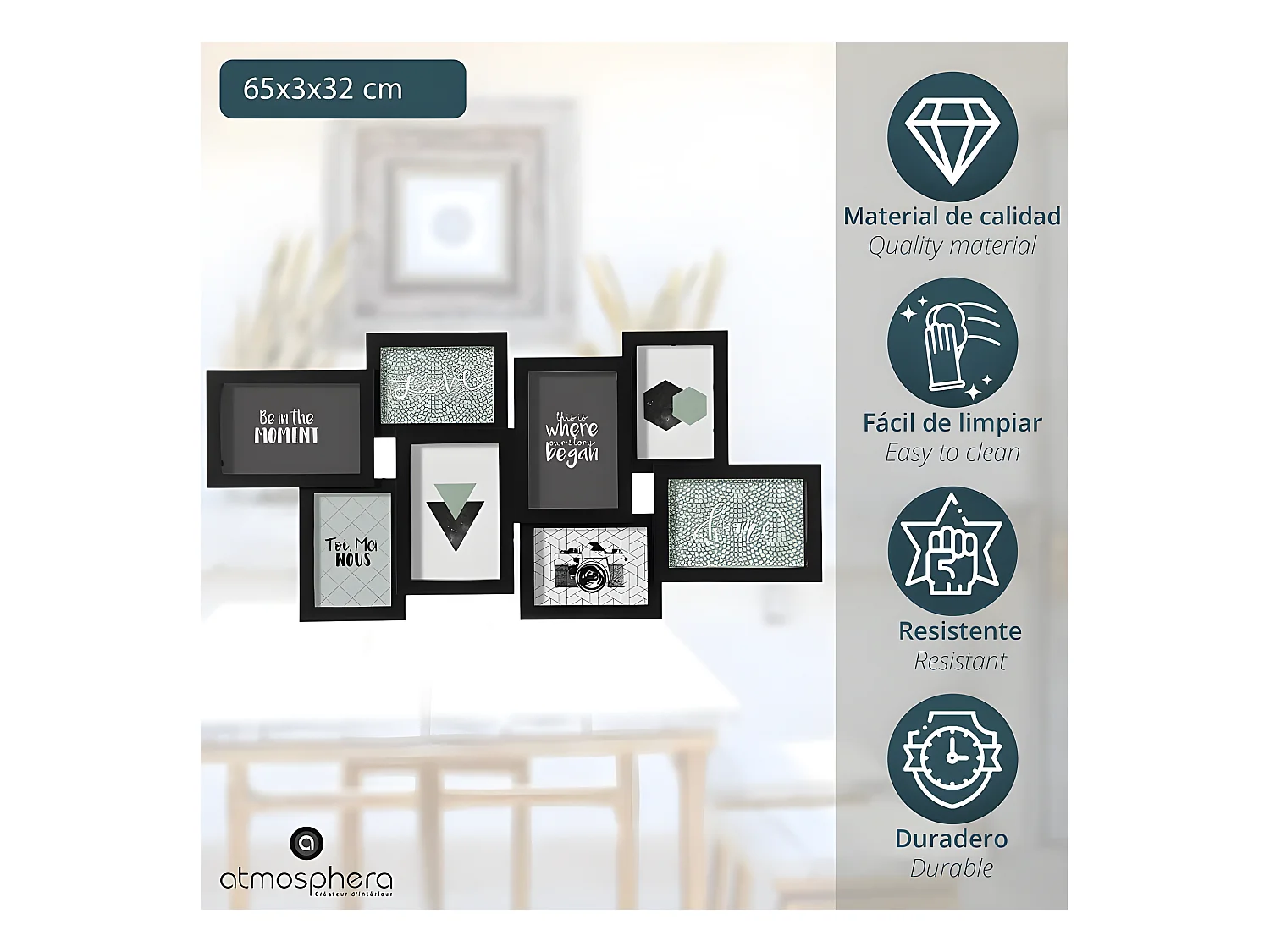 Cadre Pêle-mêle Multivues 8 Photos 65 x 32 cm