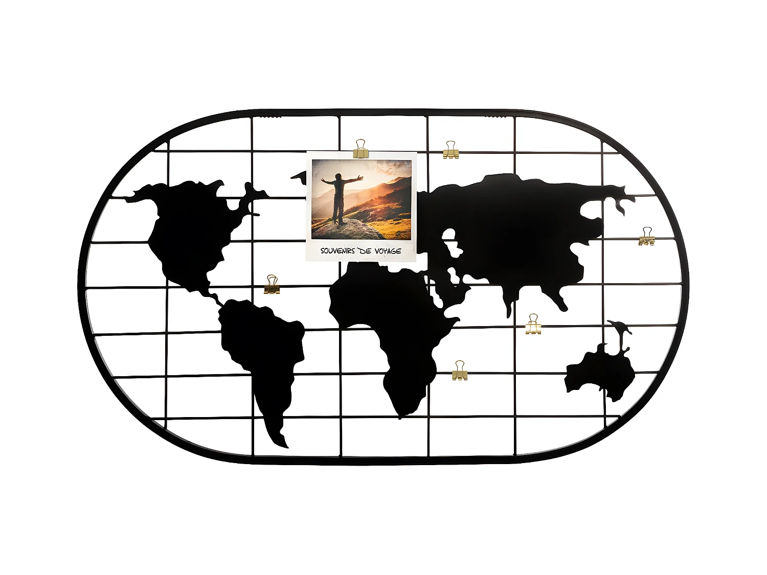 Présentoir murale Porte photos Mappemonde en métal noir 60 x 35 cm