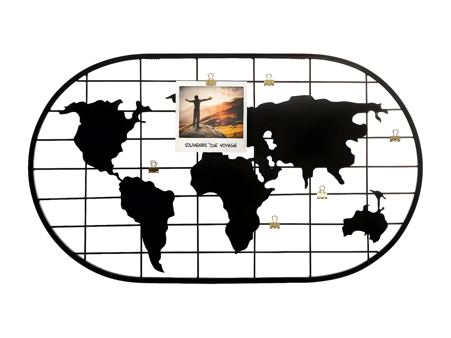 Présentoir murale Porte photos Mappemonde en métal noir 60 x 35 cm