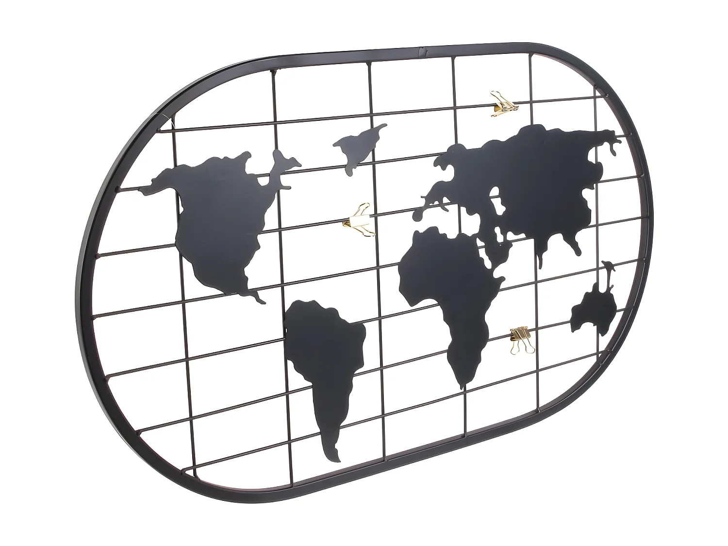 Présentoir murale Porte photos Mappemonde en métal noir 60 x 35 cm
