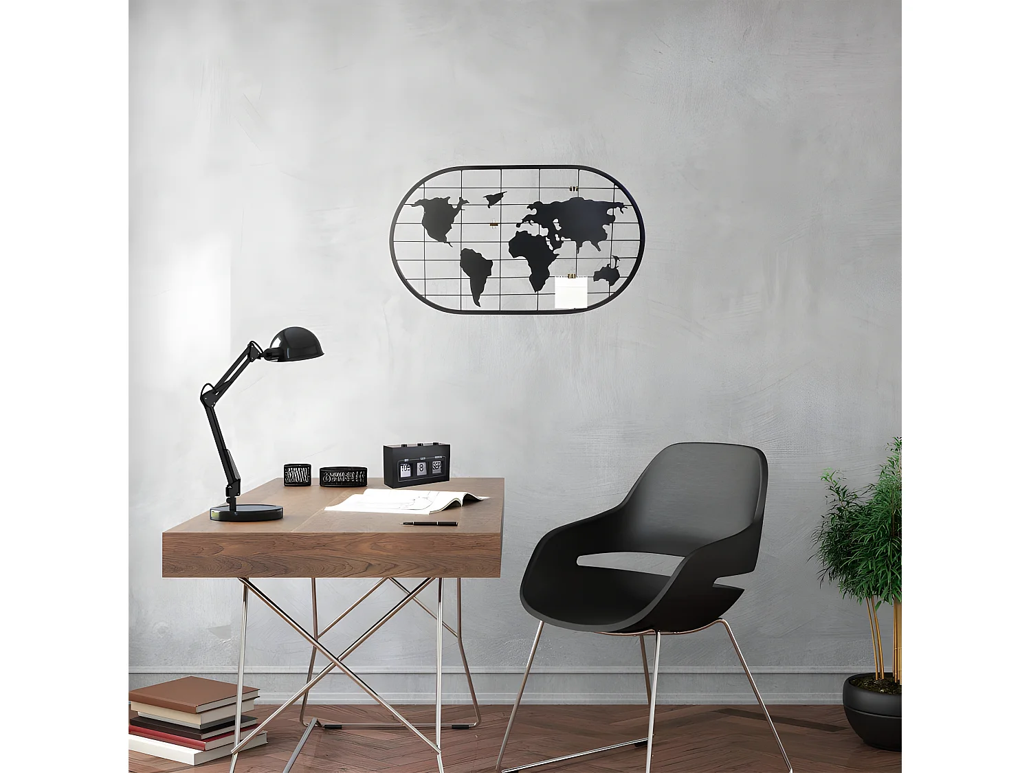 Présentoir murale Porte photos Mappemonde en métal noir 60 x 35 cm