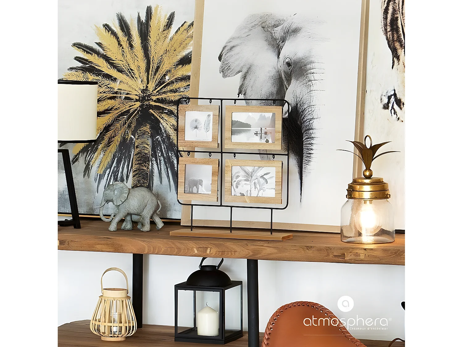 Cadre Pêle-mêle Multivues à poser 4 Photos en bois et métal 36 x 42 cm