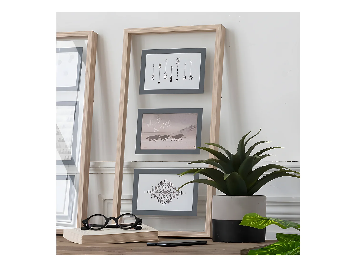 Cadre Pêle-mêle Multivues 3 Photos en bois et verre 24 x 51 cm