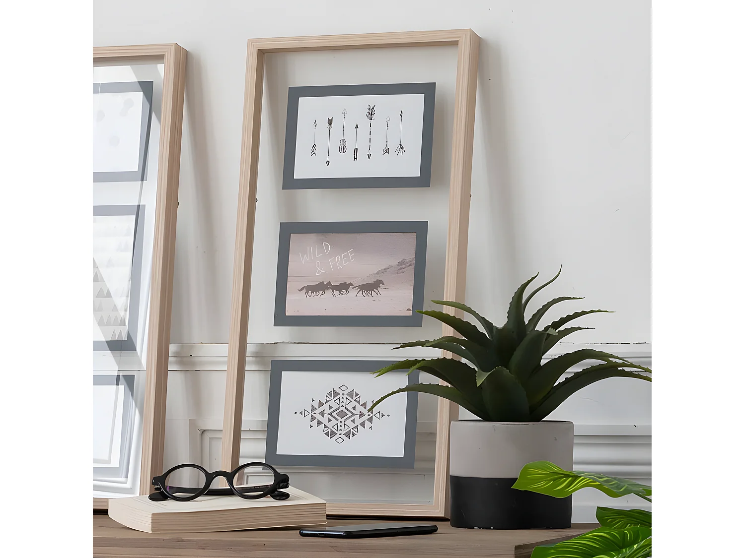 Cadre Pêle-mêle Multivues 3 Photos en bois et verre 24 x 51 cm