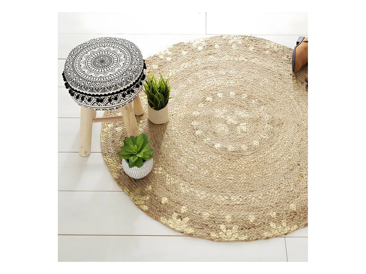 Tapis Rond en Jute éclats dorés D 115 cm