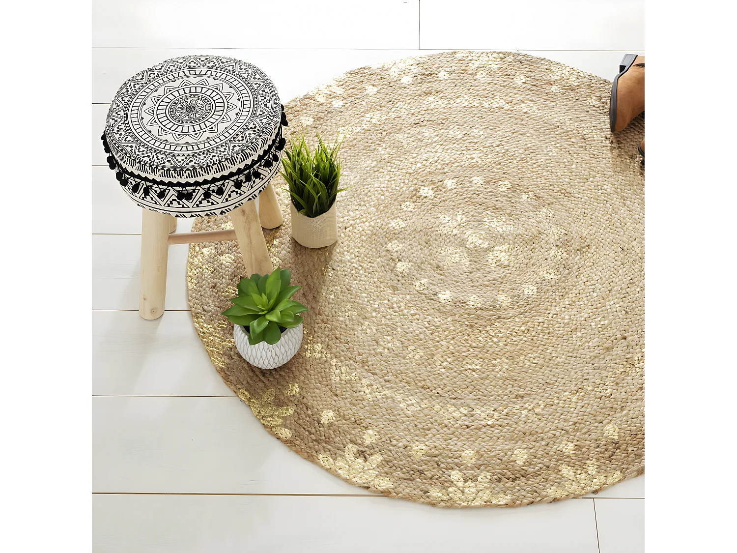 Tapis Rond en Jute éclats dorés D 115 cm