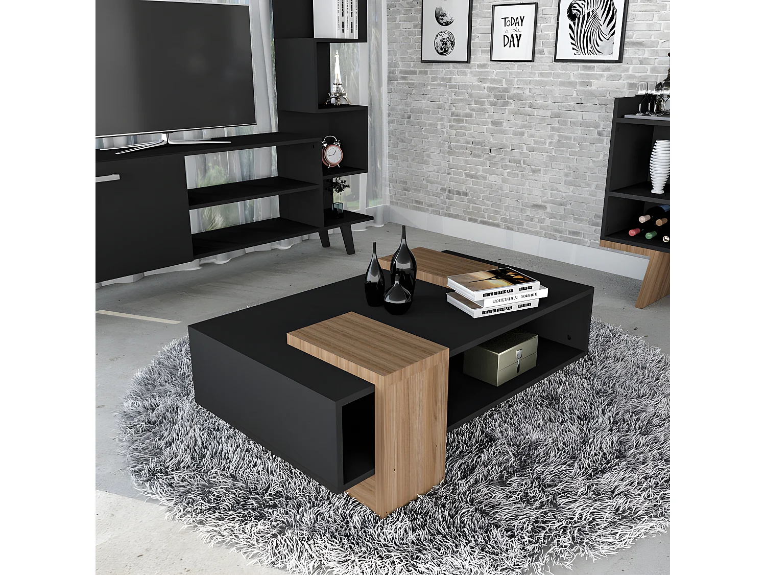 Table Basse Rectangle Noire et Chêne 2 Niches 93 x 32,5 x 52,5 cm