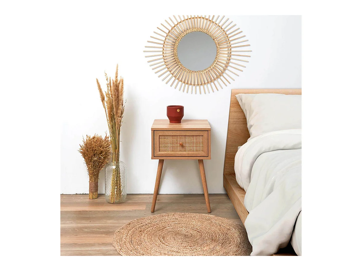 MAYA - Chevet 1 Tiroir Effet Bois et Façade Rotin