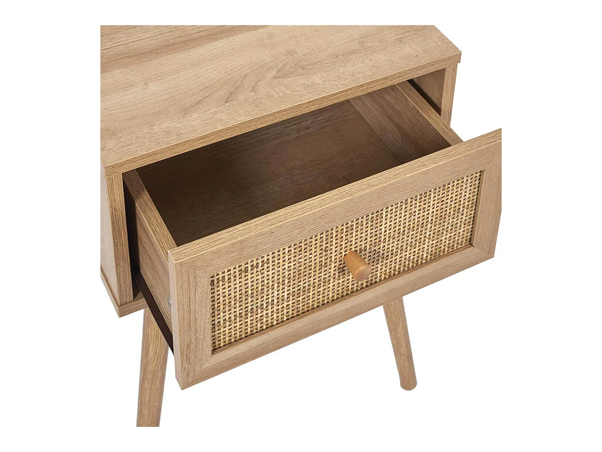 MAYA - Chevet 1 Tiroir Effet Bois et Façade Rotin