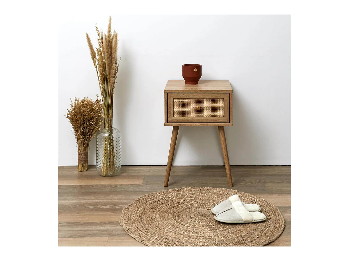 MAYA - Chevet 1 Tiroir Effet Bois et Façade Rotin