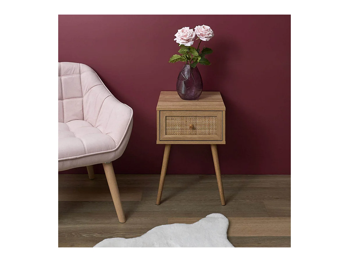 MAYA - Chevet 1 Tiroir Effet Bois et Façade Rotin