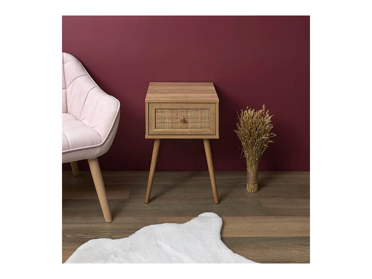 MAYA - Chevet 1 Tiroir Effet Bois et Façade Rotin