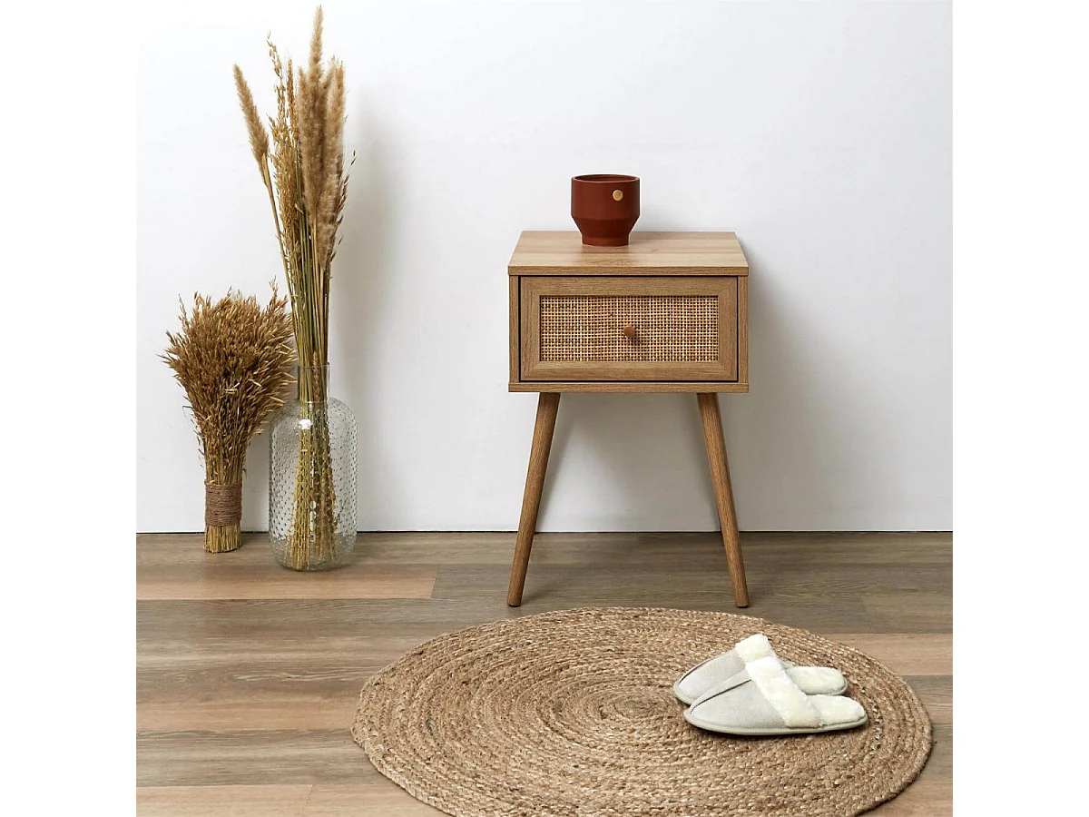 MAYA - Chevet 1 Tiroir Effet Bois et Façade Rotin