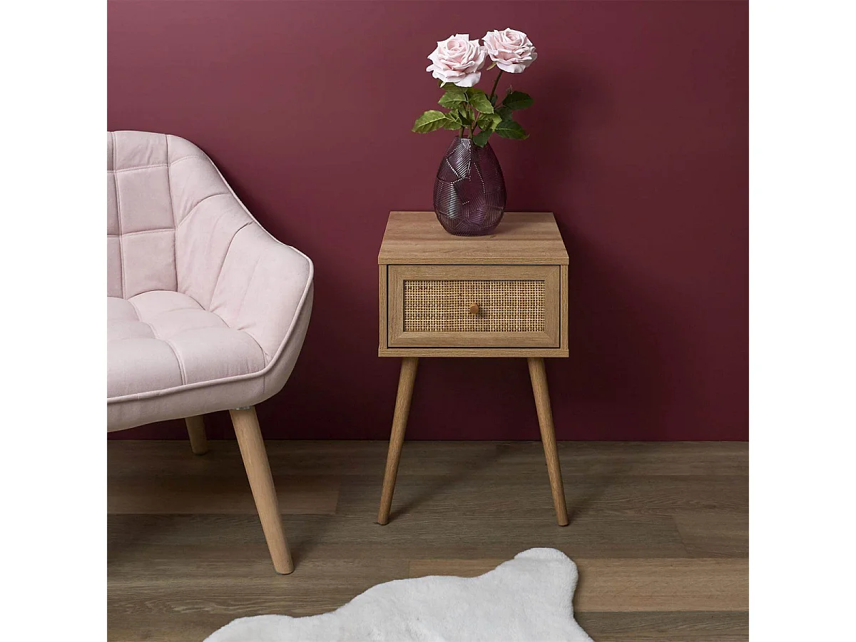 MAYA - Chevet 1 Tiroir Effet Bois et Façade Rotin