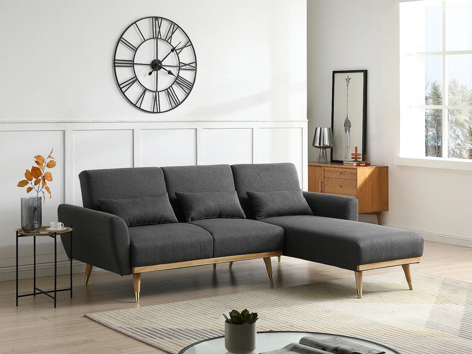 Vändbar bäddsoffa med schäslong och klicklack-funktion i antracitgrått tyg ANDINO