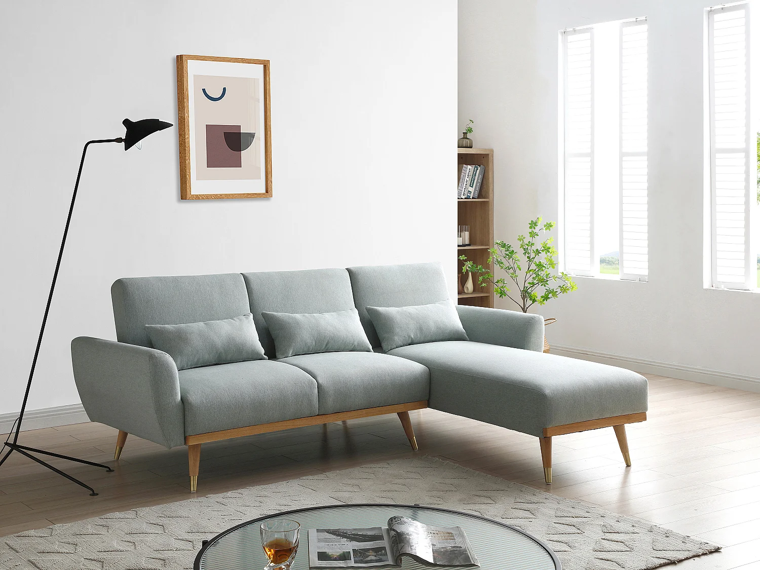 Vändbar bäddsoffa med klick-klack-mekanism i grågrönt tyg ANDINO