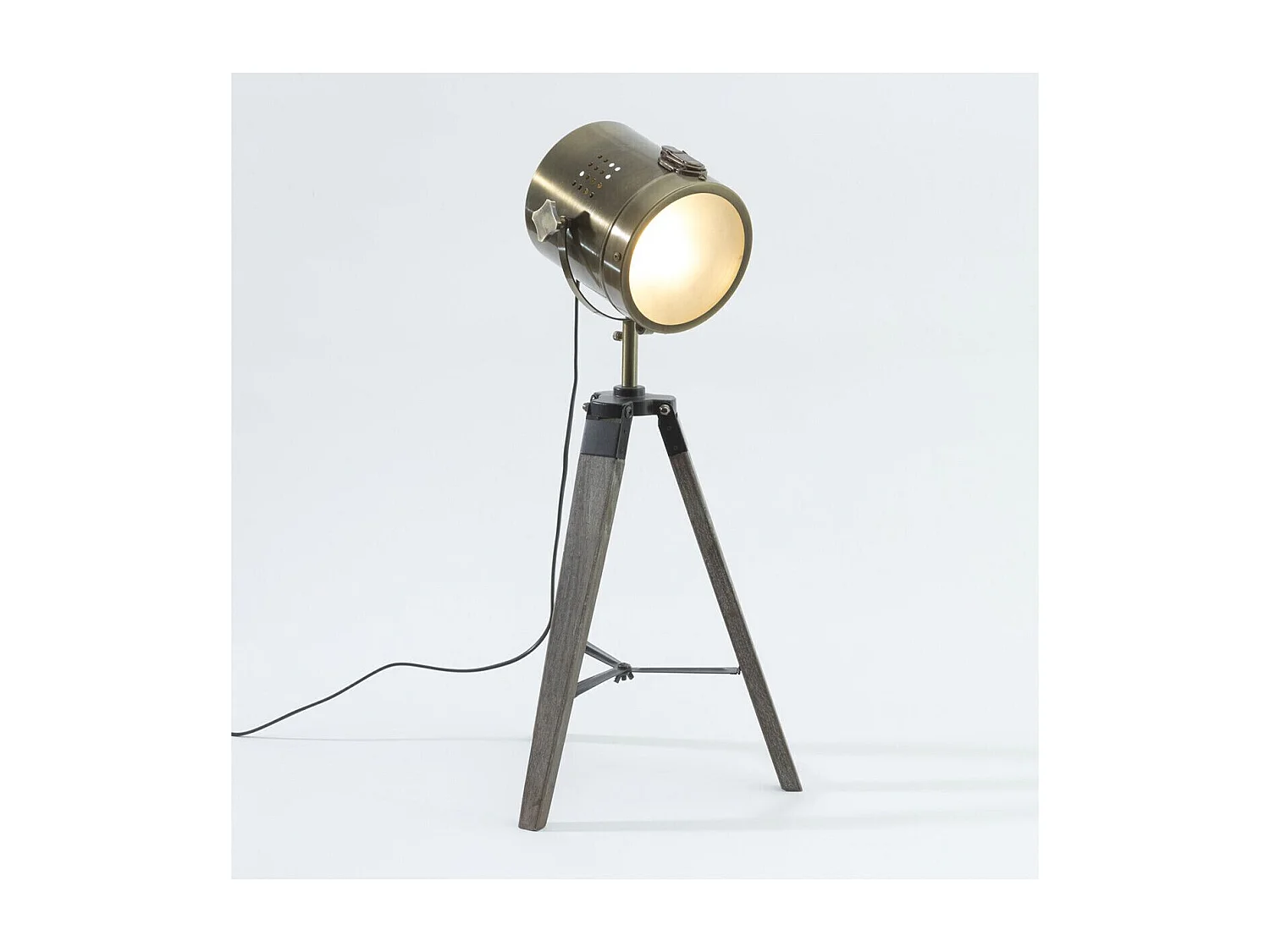 Lampe Projecteur en métal Bronze et pied en Bois H 68 cm